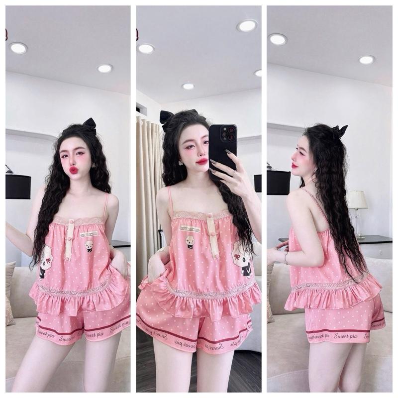  Bộ 2 Dây sexy đùi nút bọc phối bèo lụa mịn Latin in hình free size 40_60kg có túi quần cho nữ bộ đồ ngủ hai dây xinh đồ ngủ đẹp. 