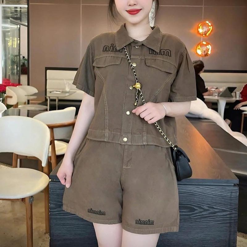 Set Jean B12 ( Áo + Quần ) -Áo Cổ Đức Khuy Bấm Quần Sooc Form Vừa Thêu Chữ Min Xinh - Dành Cho Nữ, 3 Màu Đen Khói & Xanh Rêu, 2 Size S & M