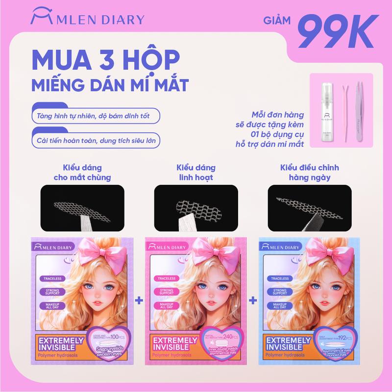 [Tặng Bộ Dụng Cụ Kích Mí] Mlen Diary - 1 Hộp Miếng Dán Kích Mí Lưới Tàng Hình Kèm Dụng Cụ Hỗ Trợ (Mua 3 hộp giảm 99k)