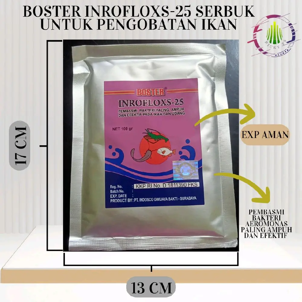 BOSTER INROFLOXS-25 SERBUK UNTUK PENGOBATAN IKAN SEPERTI tubuh berdarah, perut besar, borok busuk, ikan sering muncul dipermukaan, lendir mencair, sisik mengelupas, sirip rusak, ekor busuk, nafsu makan turun, insang merah, meningkatkan kekebalan