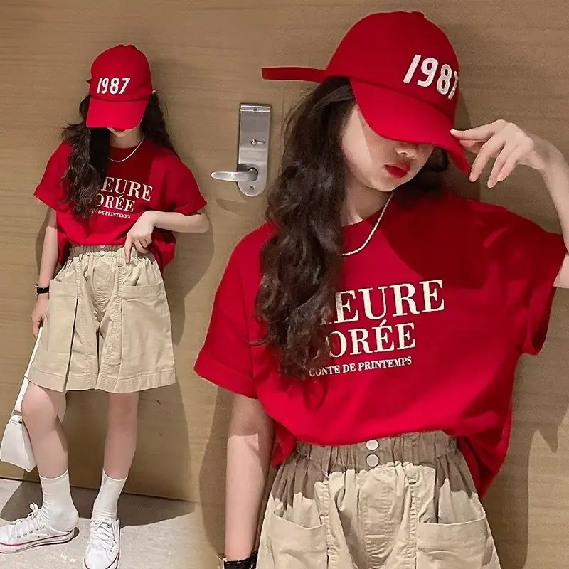 Áo Thun Ngắn Tay Cho Trẻ Em, Áo Cánh Mùa Hè Mới, Trung Và Lớn, Cho Bé Gái, Nửa Tay, In Màu Đỏ 0