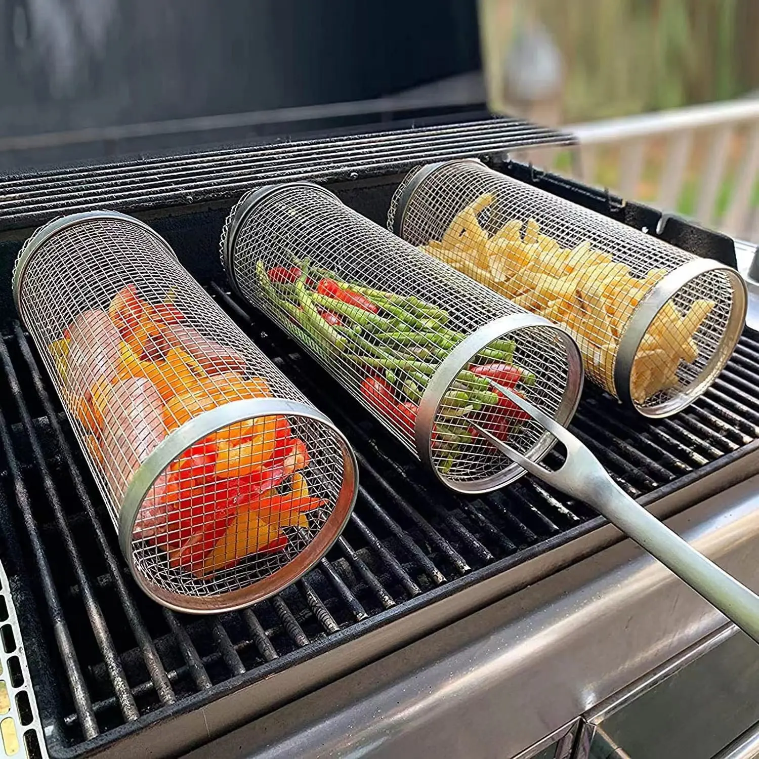 Cylindrical barbecue cage, rolling barbecue tube, stainless steel barbecue mesh, cylindrical barbecue mesh, barbecue tools