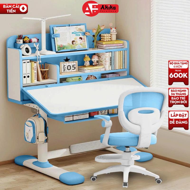 Bộ bàn học trẻ em E06 AKIKO Có kệ sách mới cho bé Nâng cấp ghế xoay 360 độ có bánh xe Nâng hạ linh hoạt