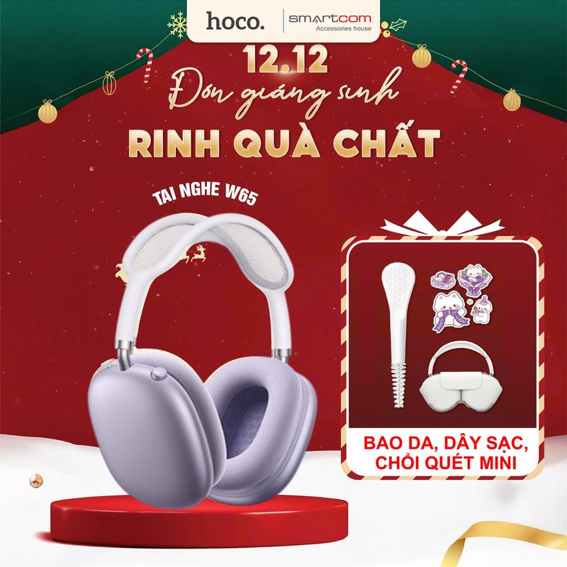   Tặng bao da  Tai nghe W65 Base HOCO - Bluetooth v5.4 - Pin 45h - Đệm tai vải tháo rời - Dây nối 3.5mm 