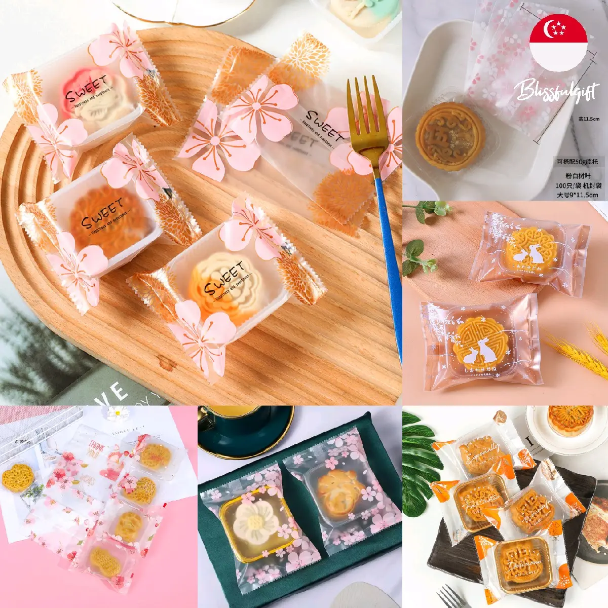 100pcs Mooncake Heat Seal Wrappers with Trays–50g 80g 100g Sakura Bakery Packaging for Cookie Pastries Home Bakers&Gift
