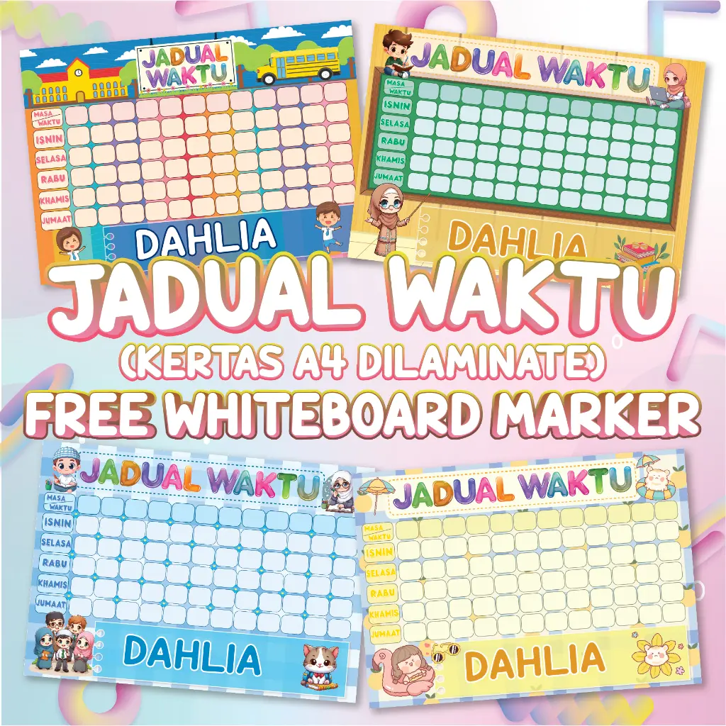 JADUAL WAKTU KELAS (BOLEH CUSTOM NAMA) | KERTAS A4 SUDAH DILAMINATE Stationery