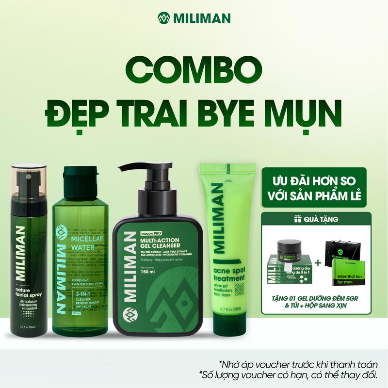 Combo Đẹp Trai Bye Mụn MILIMAN Gồm Gel Rửa Mặt Đa Năng 150ml, Gel Chấm Mụn 20G, Toner Xịt Khoáng 100ml, Nước Tẩy Trang 150ml | Tặng 1 Gel Dưỡng Da Ban Đêm 5in1 Pro 5 gram