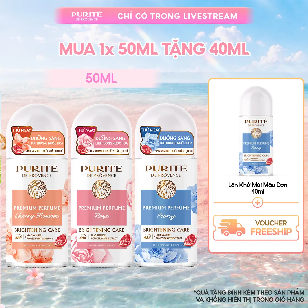 Lăn Khử Mùi Dưỡng Sáng Hương Nước Hoa Cao Cấp Purité Hương Hoa Anh Đào / Hương Hoa Hồng / Hương Hoa Mẫu Đơn 50ML + Tặng Lăn Khử Mùi Dưỡng Sáng Hương Nước Hoa Cao Cấp Purité 40ML