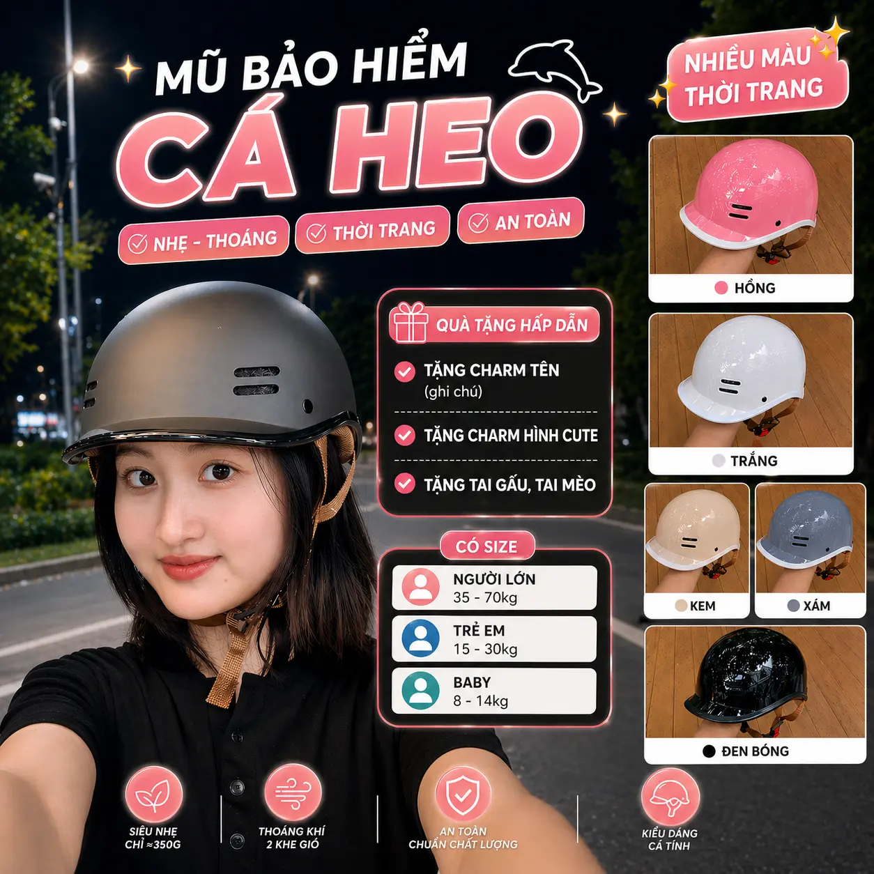 (Tặng charm + Tai gấu) - Mũ bảo hiểm đạt chuẩn CÁ HEO nửa đầu đủ màu, đạt chuẩn kiểm định Quatest - 1