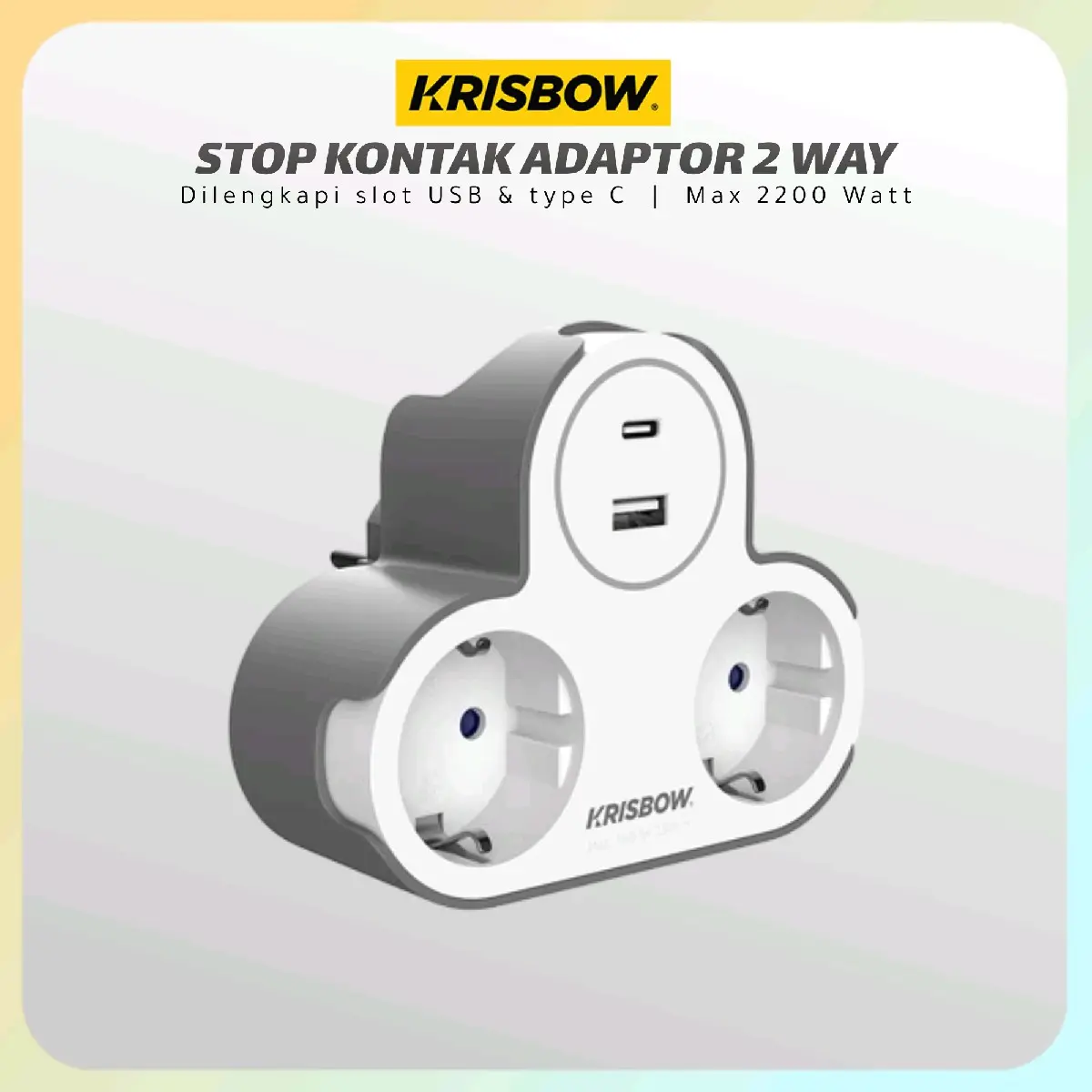 KRISBOW Stop Kontak Adaptor 2 Way Dengan Slot USB dan type C Max 2200 Watt