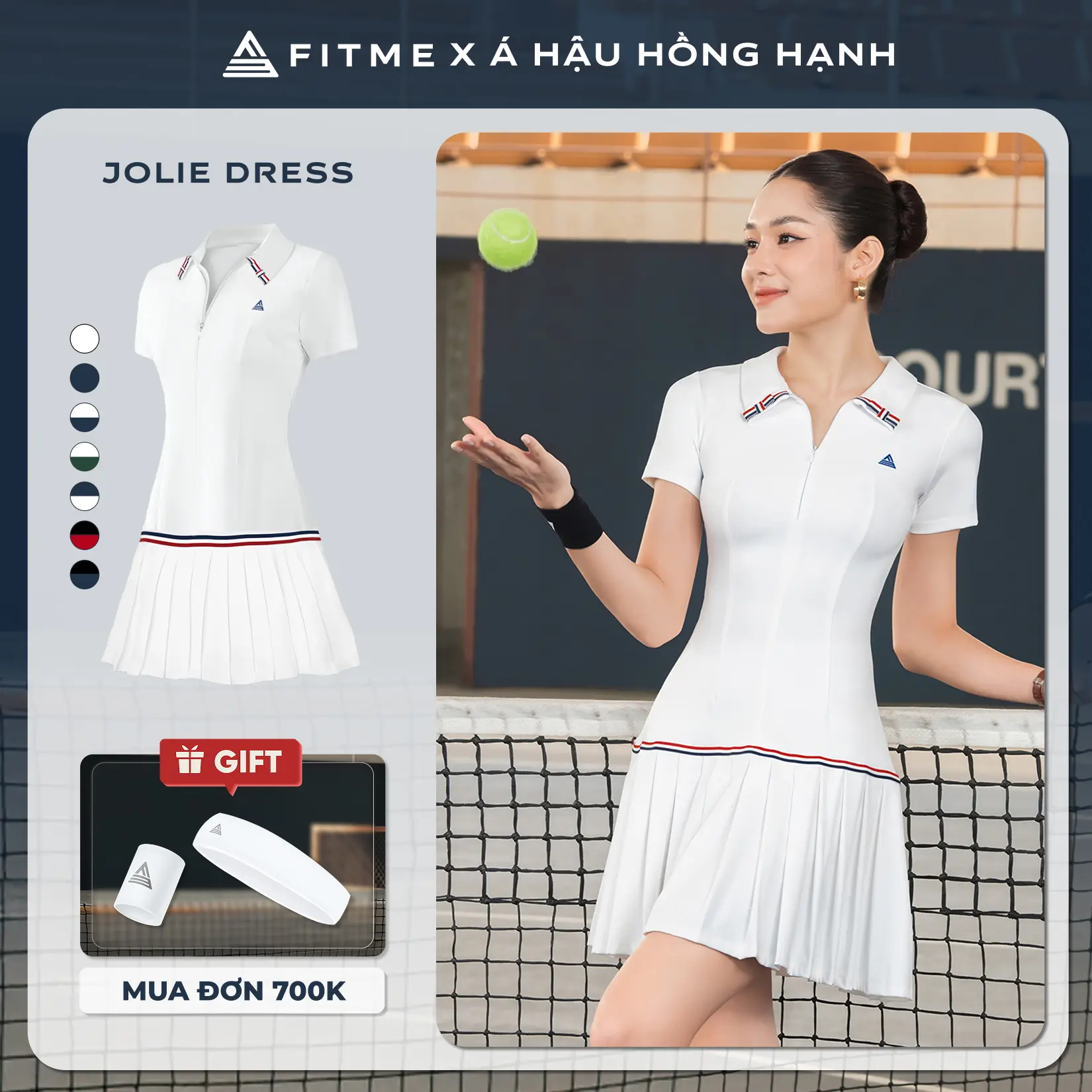 Váy tennis pickleball nữ Fitme JOLIE ES phối nơ tặng kèm quần bảo hộ, chất co giãn thoáng khí DNSP01