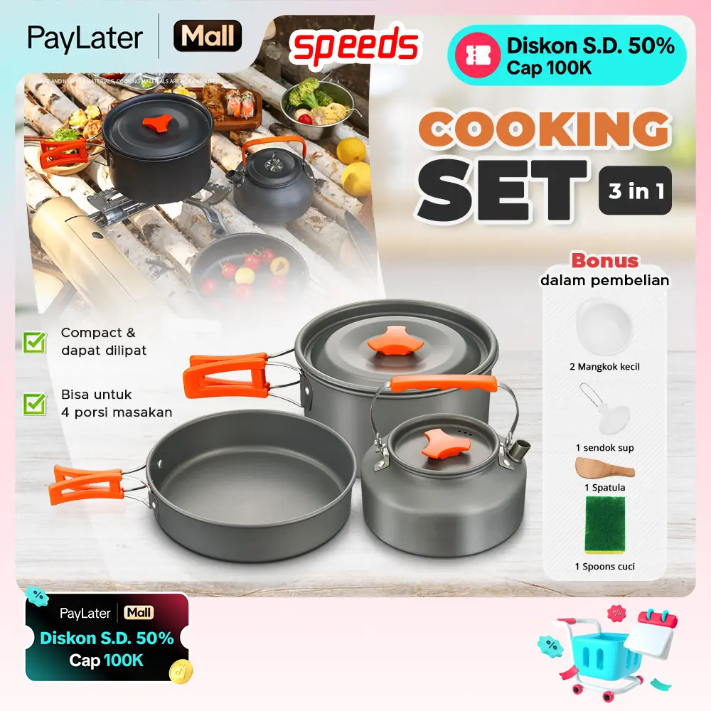 SPEEDS Alat Masak SET Mini Cooking Camping Nesting Stove Panci Cookware 3in1 Portable Tas Outdoor Kecil 003-301