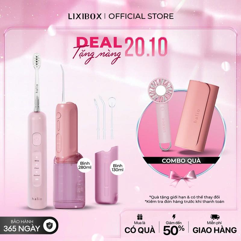 DEAL COMBO 20.10 Combo Máy Tăm Nước 2 Bình Thay Thế Halio UltraClean Phiên bản mới Và Bàn Chải Điện Halio Wave Sonic Electric Toothbrush Công Nghệ Chuyển Động Kép Động Cơ Maglev Chống Nước IPX7
