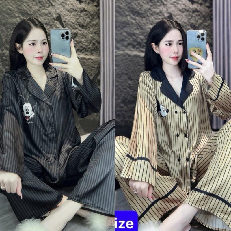   40-60kg và 60-75kg  Đồ Bộ Nữ Chất Vải Lụa Mịn Mềm Thoáng Mát Tay Ngắn Quần Dài In Họa Tiết Sọ Đen Sọc Vàng 