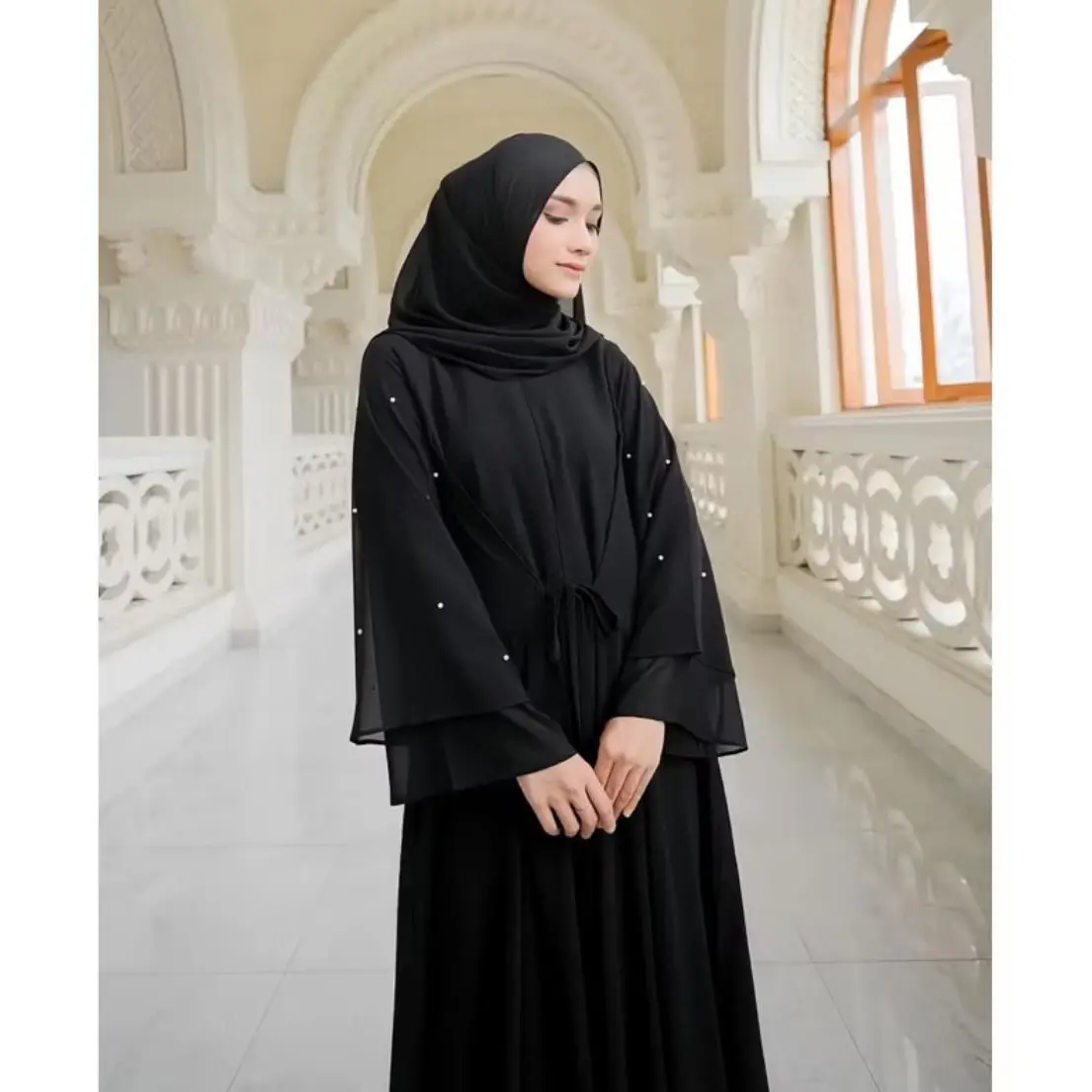 Abaya ameena set krudung fasmina bhan ceruty babydoll full furing apk mutiara tembak bgian lenggan Muslim Lebaran Mewah Gamis Syari Simple Cantik