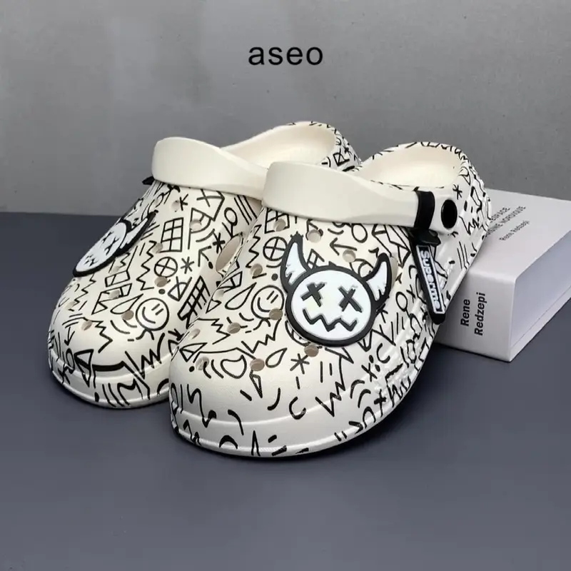 Aseo Sandal Pria Wanita Couple Dewasa  Baim Clog Terbaru Lebaran 2025 Slip on Kodok Sandal Cowok Dewasa Kekinian Import Korean Style Anti Slip Karet Rubber Lucu H173 Black Sendal 5