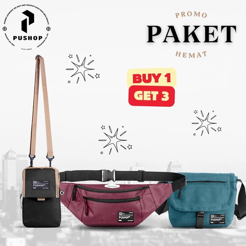 PUSHOP PAKET BUNDLING HEMAT PSHP45K-02 - Paket Tas Selempang Pria Wanita 45 Ribu Dapat 3pcs Tas Slingbag Canvas dan Mini Sling bag Casual Polos Cowok Cewek Hitam Pria 3