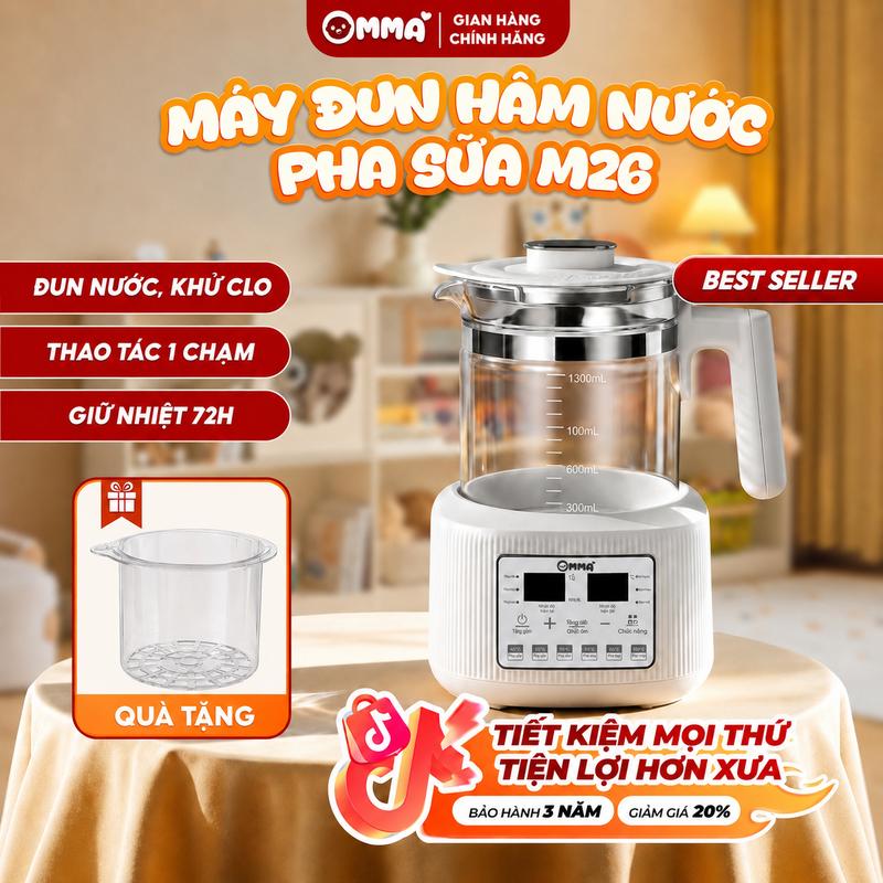 Máy Đun Nước Pha Sữa & Hâm Sữa M26 OMMA Dung Tích 1300ml, Điều Chỉnh và Giữ Nhiệt Độ Liên Tục 72h, Kính Chịu Nhiệt Cao, Đáy Inox SUS316L, BH 3 Năm
