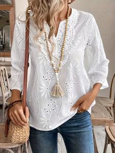 Camisa nueva de mujer Primavera/Verano, holgada con cuello en V y bordado de encaje, top casual a la moda, cómoda y elegante, perfecta para uso diario