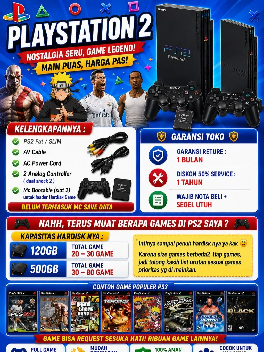 SONY PlayStation 2 PS2 Paket Lengkap Hitam Controller Joystick Full Games HDD Eksternal Garansi 1 Bulan Tukar Baru Best Seller Gamepad Super Lengkap Super Muhah