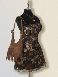 Vestido mini plisado para mujer con estampado de hoja de arce vintage, estilo retro, moda bohemia boho, moda casual, perfecto para primavera y otoño, elegante y cómodo