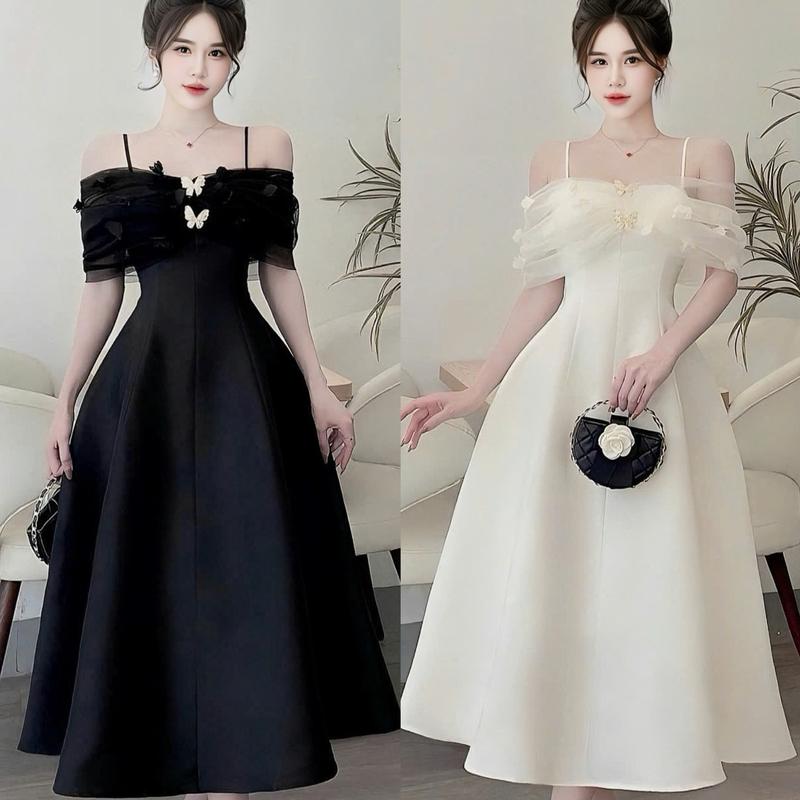 Váy dáng dài BIGSIZE đi tiệc 50-120kg thanh lịch che bụng che bắp tay tốt - Ú XINH STORE Đen Nữ Dress - D228- Hoa Lơi Kèm Cài