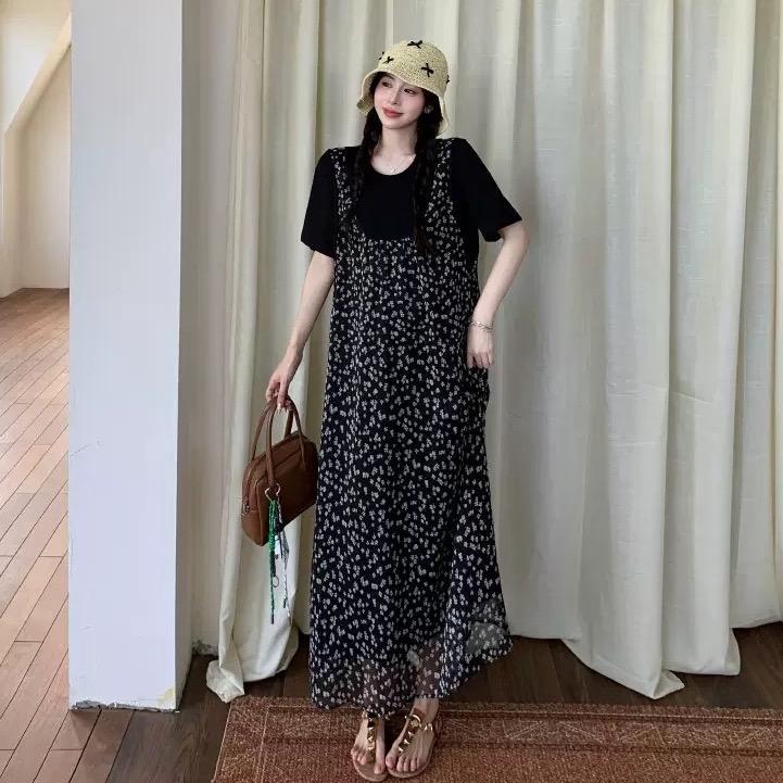 Váy Đầm Suông Yếm Liền Hoa Nhí Voan 2 Lớp Thời Trang