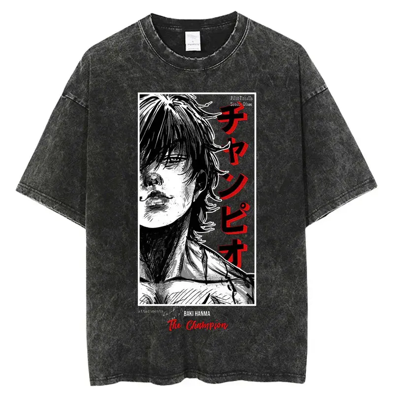 [Cadia]Anime Grappler Baki Hanma T Shirts Unisex Harajuku Streetwear Fashion Washed T-Shirts Cotton Summer Clothes Casual Wear Top Man Crewneck