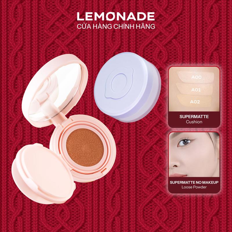 Combo 01 Phấn phủ mỏng nhẹ kiềm dầu thuần chay chống nắng Lemonade Supermatte No Makeup Loose Powder và 01 Phấn nước siêu kiềm dầu Lemonade Supermatte Cushion 15g