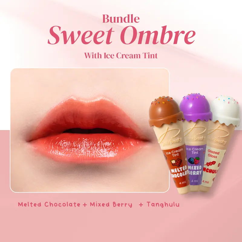 Jessie Beauty Bundle Sweet Ombre : Ice Cream Tint (Melted Chocolate - Mixed Berry) & Glazed Gloss (Tanghulu / Lychee Jelly) Bibir  Liptint 4