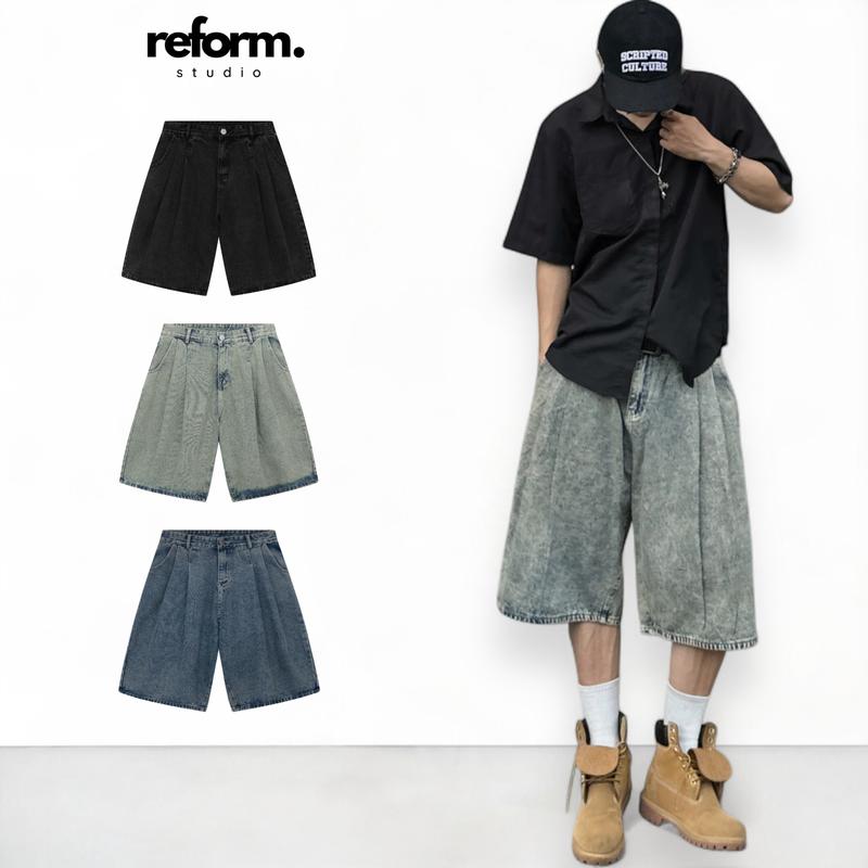 Quần Short Jean Unisex Ống Rộng REFORM Xếp Ly, Quần Đùi Baggy Denim Dài Qua Gối Cá Tính RF-F17