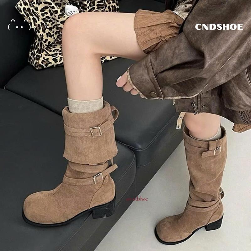 Giày boot nữ da lộn giày bốt nữ cao gót mũi tròn mang 2 kiểu thấp cao êm chân phong cách thu đông cndshoe boots nữ
