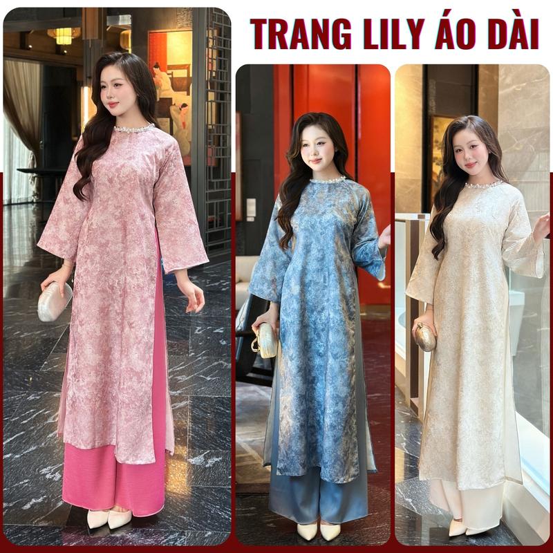  SẴN HÀNG  Áo dài Huyền Chi áo dài cách tân tay dài dáng suông lụa gấm họa tiết in loang kết hợp đính kết thủ công 2 tà nhẹ nhàng thanh lịch form truyền thống mặc chụp ảnh Tết sự kiện lễ hội - Trang Lily Áo Dài - ADTETVIP15 