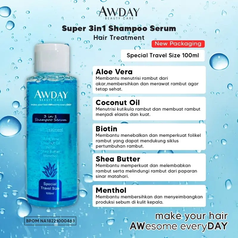 Awday 3in1 Shampoo Serum Hair Treatment BPOM HALAL awday  biru 3