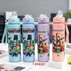 Botella de agua Minecraft con tapa y pajita, plástico duro de 700 ml, el mejor regalo para niños, parejas, familia y amigos