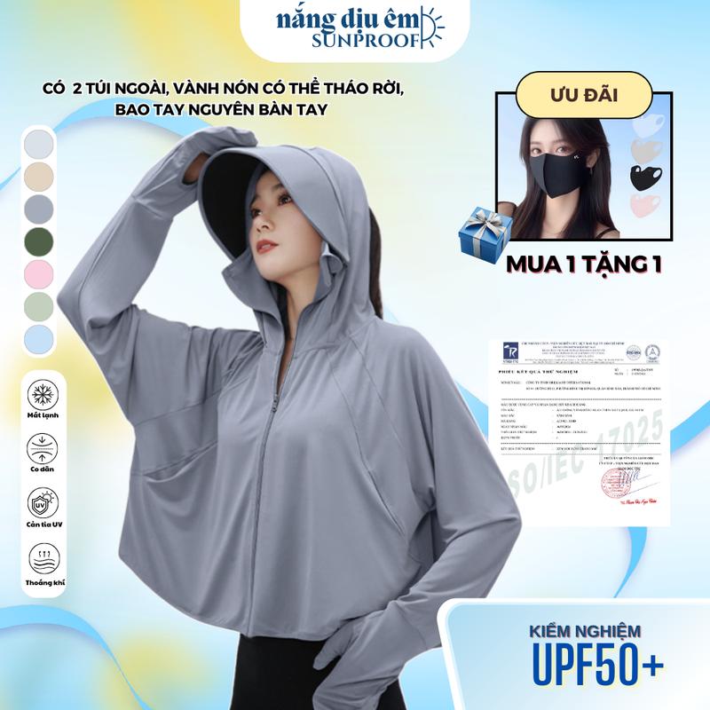 (TẶNG KHẨU TRANG) (Mẫu che kín tay, 2 túi ngoài) Áo chống nắng nữ thun lạnh che kín bàn tay croptop có thể tháo rời mũ chống tia cực tím UPF 50+ chống tia UV