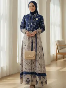 Zenith.Co Aurora Dress Gamis Wanita Motif Premium Kain Silk Original Resleting Depan Wudhu Busui Friendly Bahan Lembut Flowy Anti Luntur