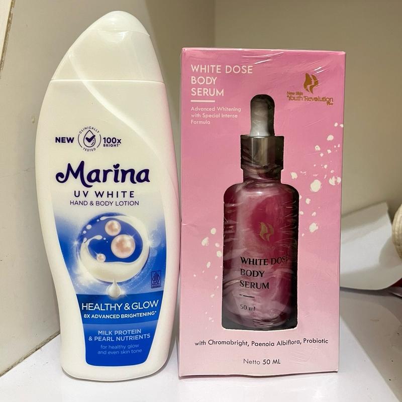 PAKET MENCERAHKAN BADAN MARINA UV WHITE HEALTHY AND GLOW DAN HOUSE OF BEAUTY WHITE DOSE BODY SERUM 50 ML NEW YOUTH SKIN REVOLUTION Lotion Tubuh Pencerah 1