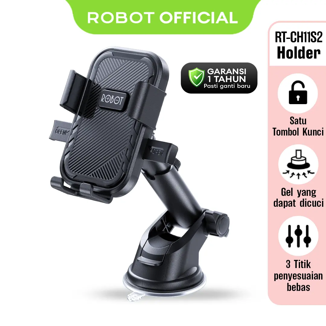 ROBOT RT-CH11S2 Car Holder Mobil dengan Kunci Otomatis & Suction Cup Kuat Rotasi 360 Derajat Anti Slip untuk HP 4.0-7.0 Inci - Garansi 1 Tahun