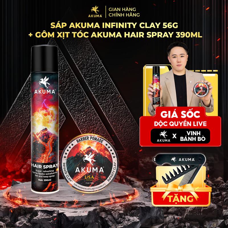   VBB x AKUMA  AKUMA Sáp Vuốt Tóc INFINITY CLAY 56g & Gôm Xịt Tóc Hair Spray 390ml hàng chính hãng độ bóng mờ tự nhiên giữ nếp tóc lên đến 10h hương nước hoa nam lôi cuốn wax tạo kiểu tóc thành phần tự nhiên Dưỡng Tóc Chăm Sóc Tóc 