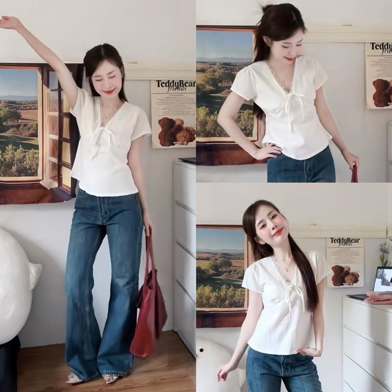 Áo nữ kiểu linen tay ngắn cổ V phối viền ren - A122