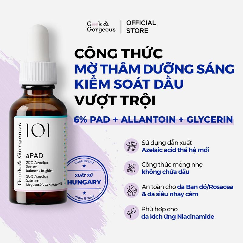 KOL Tinh Chất Hỗ Trợ Dưỡng Sáng Mờ Thâm Đỏ Kiểm Soát Dầu Geek&Gorgeous aPAD 20% dẫn xuất Azelaic Acid 30ml