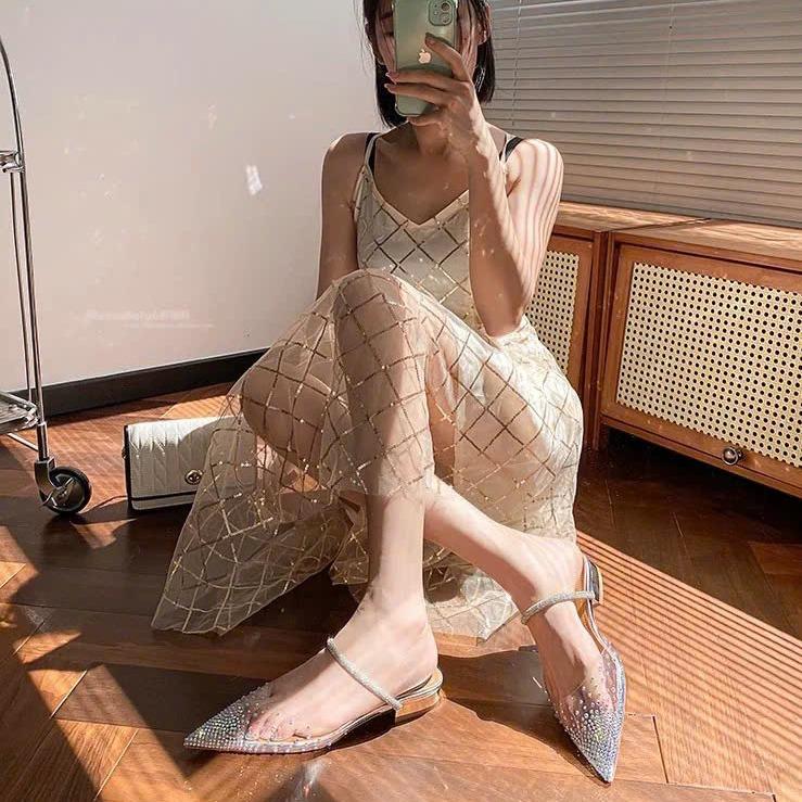 Sục Mika Phối Đá Trắng Quai Ngang Bling Bắt Sáng Phong Cách Tiểu Thư Phối Đầm Váy Thoáng Mát Chân 2cm-4cm-7cm-9cm- H49