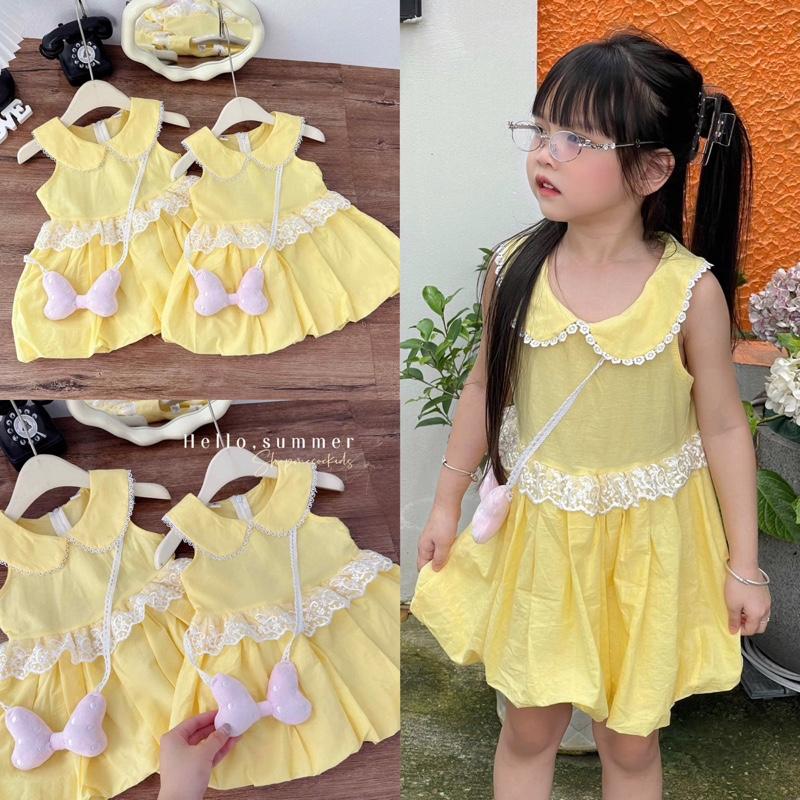 (Shopmesockids ) Váy thô mềm cổ sen mix ren tiểu thư xoè dáng bí phồng Tặng kèm túi nơ Hồng cho bé gái