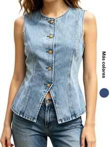 Chaleco de mezclilla para mujer, sin mangas con botones, cuello redondo, chaqueta corta ajustada casual, perfecto para uso diario