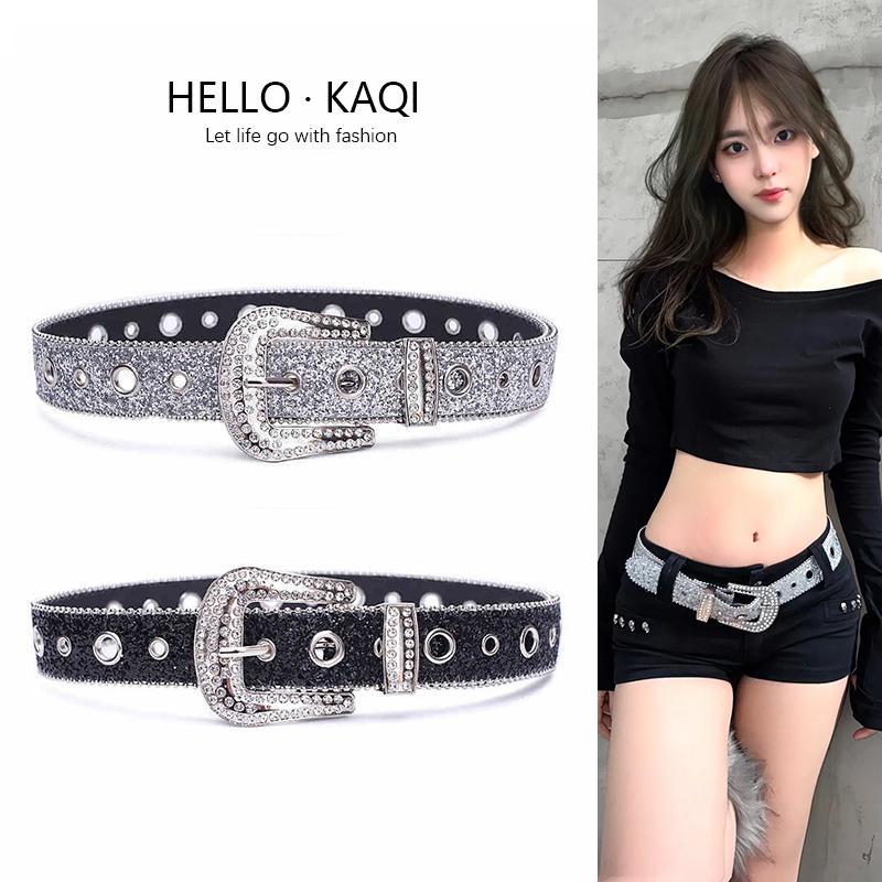 Thắt Lưng Nữ, Phong Cách Cổ Điển Mỹ, Rộng, Cô Gái Nóng Bỏng Y2K, Màu Bạc Lấp Lánh Đính Đá Dát Kim Cương, Thích Hợp Cho Váy, Quần Jean Và Váy, Phụ Kiện Thời Trang