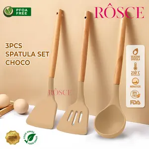 ROSCE SPATULA SET 3 PCS sutil silikon sendok soup silicone slotted turner set utensils cooking wooden handle