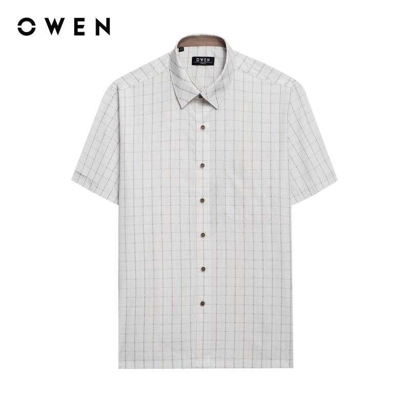 OWEN - Áo sơ mi Nam ngắn tay Có túi Body Fit AB250069NT màu Be nhạt chất liệu Bamboo poly Họa tiết Kẻ caro Menswear