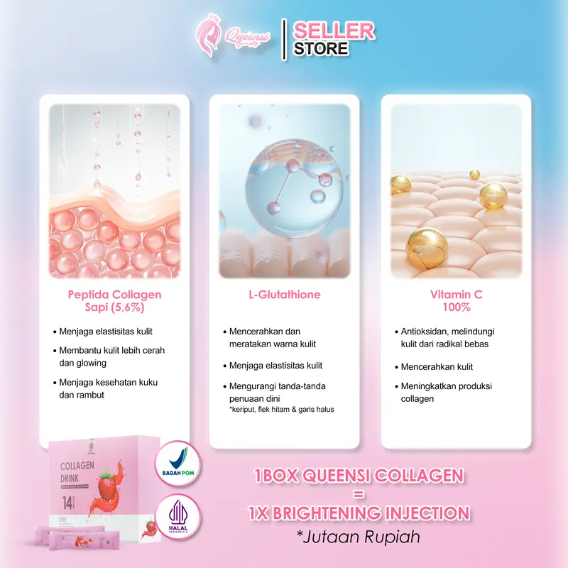 Queensi Collagen Drink - Minuman Kolagen Serbuka Rasa Strawberry dengan Vitamin C dan E Pemutih Badan & Kulit 7