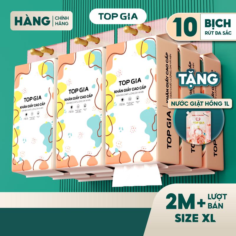 TẶNG NƯỚC GIẶT HOA HỒNG COMBO 10 bịch khăn giấy đa năng CỠ ĐẠI Tặng 1L nước giặt hương hoa hồng TopGia tặng 3 móc treo tường Giấy Ăn Khăn Giấy phòng bếp giấy rút đa năng treo tường ĐẠT QUY CHUẨN CỦA BỘ CÔNG THƯƠNG SIZE XL - PREMIUM DS